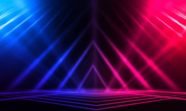 Karanlık soyut fütüristik arka plan. Neon hatları parlıyor. Neon hatları, şekiller. Pembe-mavi parıltı. Boş Sahne Arkaplanı