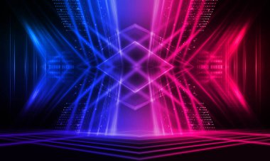 Karanlık soyut fütüristik arka plan. Neon hatları parlıyor. Neon hatları, şekiller. Pembe-mavi parıltı. Boş Sahne Arkaplanı