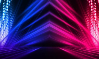 Karanlık soyut fütüristik arka plan. Neon hatları parlıyor. Neon hatları, şekiller. Pembe-mavi parıltı. Boş Sahne Arkaplanı