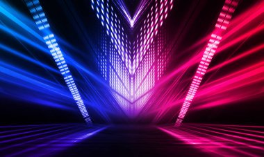 Karanlık soyut fütüristik arka plan. Neon hatları parlıyor. Neon hatları, şekiller. Pembe-mavi parıltı. Boş Sahne Arkaplanı