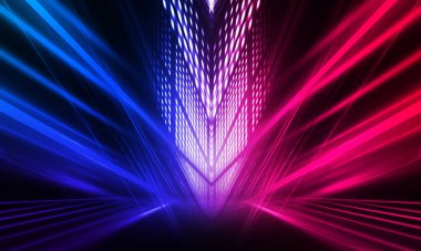Karanlık soyut fütüristik arka plan. Neon hatları parlıyor. Neon hatları, şekiller. Pembe-mavi parıltı. Boş Sahne Arkaplanı