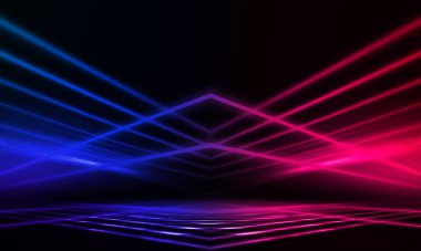 Karanlık soyut fütüristik arka plan. Neon hatları parlıyor. Neon hatları, şekiller. Pembe-mavi parıltı. Boş Sahne Arkaplanı