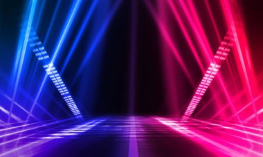 Karanlık soyut fütüristik arka plan. Neon hatları parlıyor. Neon hatları, şekiller. Pembe-mavi parıltı. Boş Sahne Arkaplanı