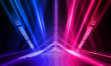 Karanlık soyut fütüristik arka plan. Neon hatları parlıyor. Neon hatları, şekiller. Pembe-mavi parıltı. Boş Sahne Arkaplanı