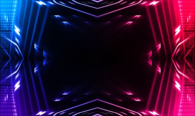 Karanlık soyut fütüristik arka plan. Neon hatları parlıyor. Neon hatları, şekiller. Pembe-mavi parıltı. Boş Sahne Arkaplanı