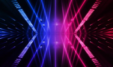 Karanlık soyut fütüristik arka plan. Neon hatları parlıyor. Neon hatları, şekiller. Pembe-mavi parıltı. Boş Sahne Arkaplanı