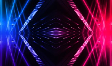 Karanlık soyut fütüristik arka plan. Neon hatları parlıyor. Neon hatları, şekiller. Pembe-mavi parıltı. Boş Sahne Arkaplanı