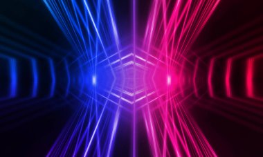Karanlık soyut fütüristik arka plan. Neon hatları parlıyor. Neon hatları, şekiller. Pembe-mavi parıltı. Boş Sahne Arkaplanı