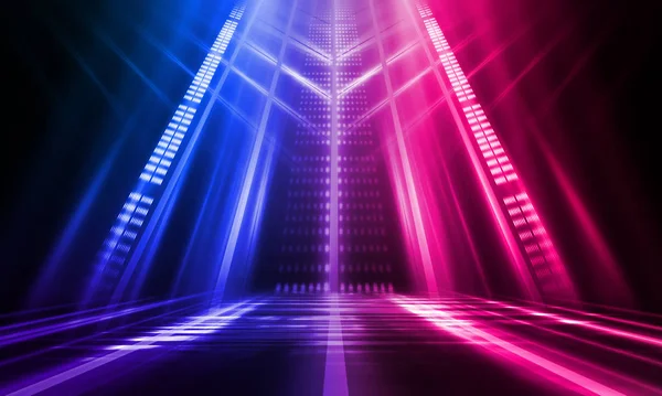 Dark abstract futuristic background. Neon lines glow. Neon lines, shapes. Pink-blue glow. Empty Stage Background