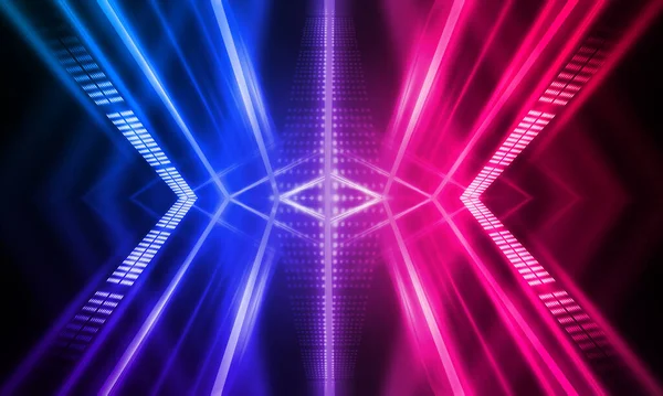 Dark abstract futuristic background. Neon lines glow. Neon lines, shapes. Pink-blue glow. Empty Stage Background