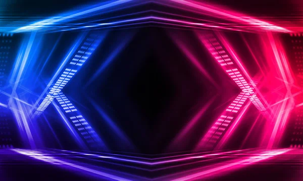 Dark abstract futuristic background. Neon lines glow. Neon lines, shapes. Pink-blue glow. Empty Stage Background