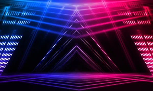 Dark abstract futuristic background. Neon lines glow. Neon lines, shapes. Pink-blue glow. Empty Stage Background