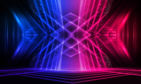 Dark abstract futuristic background. Neon lines glow. Neon lines, shapes. Pink-blue glow. Empty Stage Background