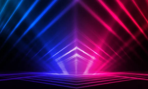 Dark abstract futuristic background. Neon lines glow. Neon lines, shapes. Pink-blue glow. Empty Stage Background