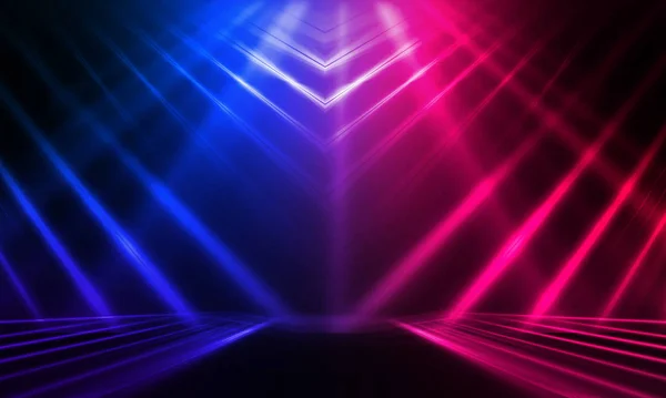 Dark abstract futuristic background. Neon lines glow. Neon lines, shapes. Pink-blue glow. Empty Stage Background
