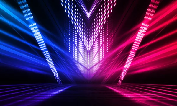 Dark abstract futuristic background. Neon lines glow. Neon lines, shapes. Pink-blue glow. Empty Stage Background