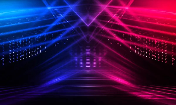Dark abstract futuristic background. Neon lines glow. Neon lines, shapes. Pink-blue glow. Empty Stage Background