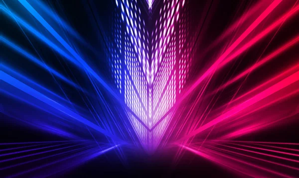 Dark abstract futuristic background. Neon lines glow. Neon lines, shapes. Pink-blue glow. Empty Stage Background