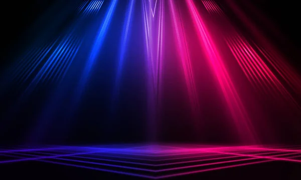 Dark abstract futuristic background. Neon lines glow. Neon lines, shapes. Pink-blue glow. Empty Stage Background