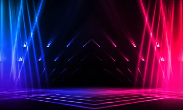 Dark abstract futuristic background. Neon lines glow. Neon lines, shapes. Pink-blue glow. Empty Stage Background