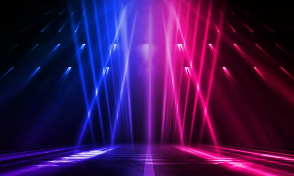 Dark abstract futuristic background. Neon lines glow. Neon lines, shapes. Pink-blue glow. Empty Stage Background