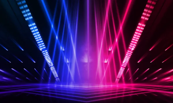 Karanlık soyut fütüristik arka plan. Neon hatları parlıyor. Neon hatları, şekiller. Pembe-mavi parıltı. Boş Sahne Arkaplanı