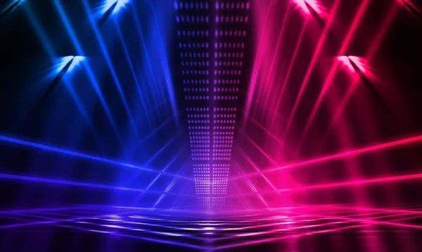 Dark abstract futuristic background. Neon lines glow. Neon lines, shapes. Pink-blue glow. Empty Stage Background