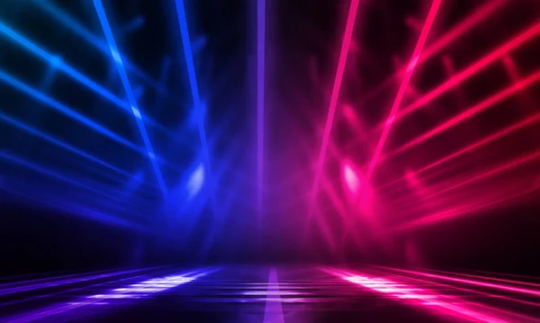Dark abstract futuristic background. Neon lines glow. Neon lines, shapes. Pink-blue glow. Empty Stage Background