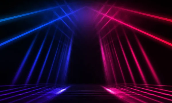 Dark abstract futuristic background. Neon lines glow. Neon lines, shapes. Pink-blue glow. Empty Stage Background