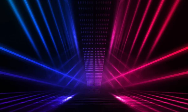 Dark abstract futuristic background. Neon lines glow. Neon lines, shapes. Pink-blue glow. Empty Stage Background