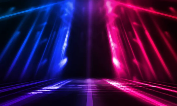 Dark abstract futuristic background. Neon lines glow. Neon lines, shapes. Pink-blue glow. Empty Stage Background