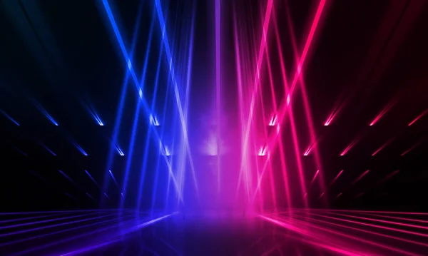 Dark abstract futuristic background. Neon lines glow. Neon lines, shapes. Pink-blue glow. Empty Stage Background