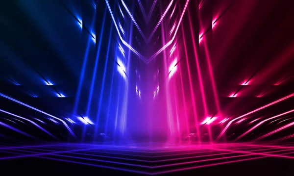 Dark abstract futuristic background. Neon lines glow. Neon lines, shapes. Pink-blue glow. Empty Stage Background