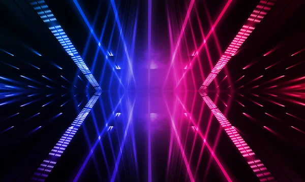 Dark abstract futuristic background. Neon lines glow. Neon lines, shapes. Pink-blue glow. Empty Stage Background