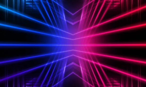 Dark abstract futuristic background. Neon lines glow. Neon lines, shapes. Pink-blue glow. Empty Stage Background