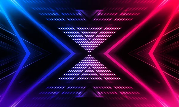 Dark abstract futuristic background. Neon lines glow. Neon lines, shapes. Pink-blue glow. Empty Stage Background