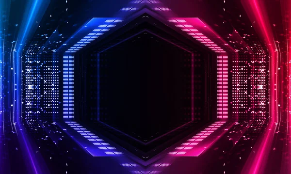 Dark abstract futuristic background. Neon lines glow. Neon lines, shapes. Pink-blue glow. Empty Stage Background