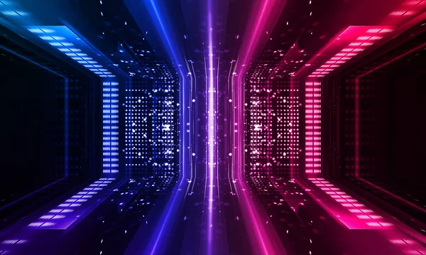 Dark abstract futuristic background. Neon lines glow. Neon lines, shapes. Pink-blue glow. Empty Stage Background