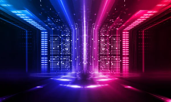 Dark abstract futuristic background. Neon lines glow. Neon lines, shapes. Pink-blue glow. Empty Stage Background