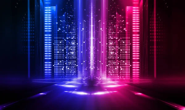 Dark abstract futuristic background. Neon lines glow. Neon lines, shapes. Pink-blue glow. Empty Stage Background