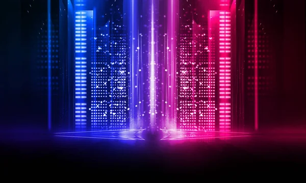 Dark abstract futuristic background. Neon lines glow. Neon lines, shapes. Pink-blue glow. Empty Stage Background