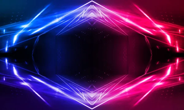Dark abstract futuristic background. Neon lines glow. Neon lines, shapes. Pink-blue glow. Empty Stage Background