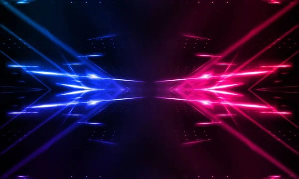 Dark abstract futuristic background. Neon lines glow. Neon lines, shapes. Pink-blue glow. Empty Stage Background