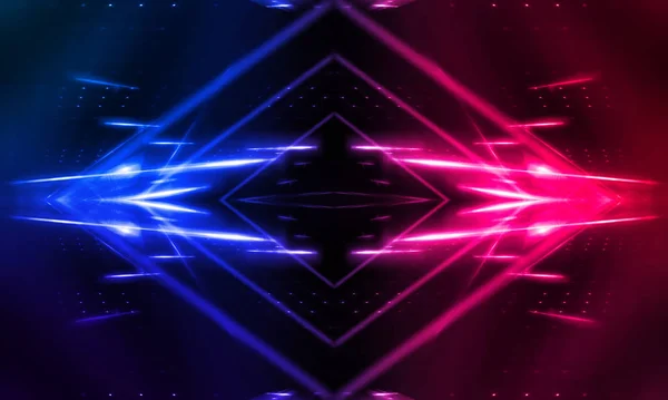 Dark abstract futuristic background. Neon lines glow. Neon lines, shapes. Pink-blue glow. Empty Stage Background