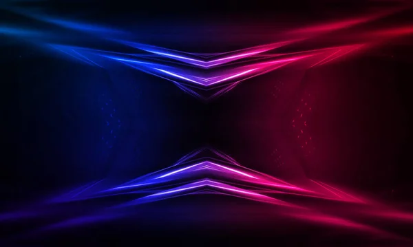Dark abstract futuristic background. Neon lines glow. Neon lines, shapes. Pink-blue glow. Empty Stage Background