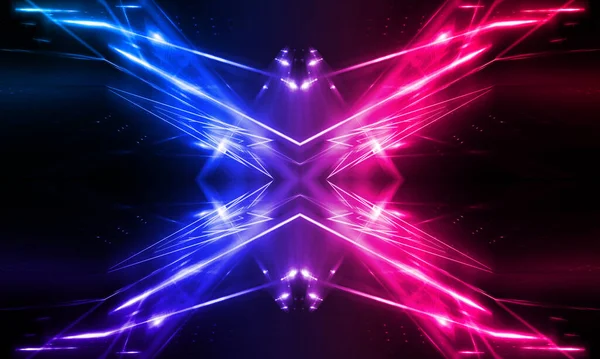 Dark abstract futuristic background. Neon lines glow. Neon lines, shapes. Pink-blue glow. Empty Stage Background
