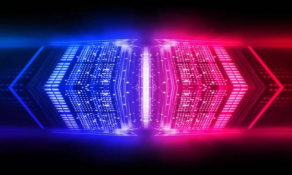 Dark abstract futuristic background. Neon lines glow. Neon lines, shapes. Pink-blue glow. Empty Stage Background