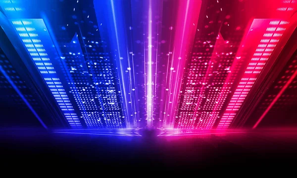 Dark abstract futuristic background. Neon lines glow. Neon lines, shapes. Pink-blue glow. Empty Stage Background