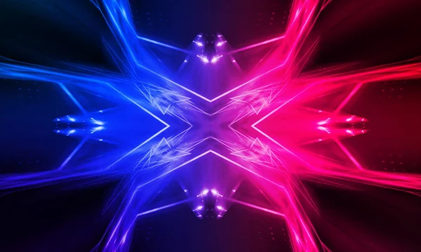 Dark abstract futuristic background. Neon lines glow. Neon lines, shapes. Pink-blue glow. Empty Stage Background