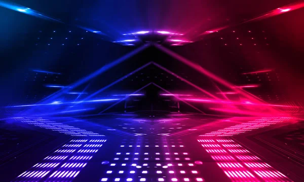 Dark abstract futuristic background. Neon lines glow. Neon lines, shapes. Pink-blue glow. Empty Stage Background